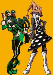  2girls :&gt; absurdres asui_tsuyu black_dress black_eyes black_pantyhose black_shirt blunt_bangs bodysuit boku_no_hero_academia boots brown_gloves commentary crossover dress english_commentary eruka_frog frog_girl gloves goggles goggles_on_head green_bodysuit green_hair grey_hair hair_between_eyes hair_rings hand_on_own_hip hand_up hat highres kekel knee_boots leaning_forward long_hair long_sleeves looking_at_viewer low-tied_long_hair multiple_girls orange_headwear pantyhose polka_dot polka_dot_dress shirt simple_background smile soul_eater species_connection standing superhero_costume tongue tongue_out torn_clothes torn_pantyhose trait_connection white_footwear witch_hat yellow_background 