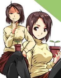  black_legwear breasts brown_eyes brown_hair commentary_request female holding kamisimo_90 large_breasts looking_at_viewer multiple_views original pantyhose plant plant_girl_(kamisimo_90) potted_plant red_skirt short_hair sitting skirt smile sweater turtleneck yellow_sweater 