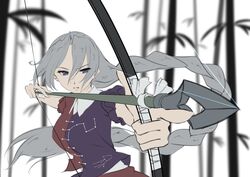  arrow_(projectile) asymmetrical_clothes bamboo bamboo_forest big_dipper blue_dress blue_eyes bow_(weapon) breasts commentary constellation constellation_print drawing_bow dress female forest grey_hair hair_between_eyes highres holding holding_arrow holding_bow_(weapon) holding_weapon index_finger_raised large_breasts long_hair nature otomeza_ryuseigun protected_link red_dress solo touhou unworn_headwear virgo_(constellation) weapon yagokoro_eirin 