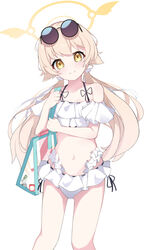  bag bikini blonde_hair blue_archive closed_mouth commentary dot_nose eyewear_on_head female frilled_bikini frills halo head_tilt hifumi_(blue_archive) hifumi_(swimsuit)_(blue_archive) highres long_hair looking_at_viewer low_twintails navel off-shoulder_bikini off_shoulder official_alternate_costume ribbon-trimmed_bikini ribbon-trimmed_swimsuit ribbon_trim round_eyewear side-tie_bikini_bottom simple_background smile solo split_mouth stomach sunglasses swimsuit tote_bag transparent_bag twintails white_background white_bikini wing_hair_ornament yellow_eyes yellow_halo yoi0341 