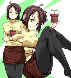  black_legwear breasts brown_eyes brown_hair commentary_request crossed_arms female holding kamisimo_90 large_breasts looking_at_viewer multiple_views original pantyhose plant plant_girl_(kamisimo_90) potted_plant red_skirt short_hair sitting skirt smile sweater turtleneck yellow_sweater 