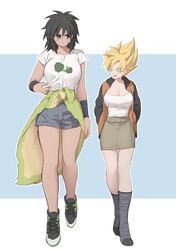  2girls :d aqua_eyes black_hair blonde_hair boots bracer breasts broccoli broly_(dragon_ball_super) cleavage cross-laced_footwear dark-skinned_female dark_skin dragon_ball dragon_ball_super food_print fuka_(kirrier) full_body genderswap_(mtf) hands_in_pockets highres jacket large_breasts looking_at_another multiple_girls open_mouth pelt rule_63 scar scar_on_cheek scar_on_face shirt shoes short_sleeves shorts simple_background skirt smile son_goku spiked_hair super_saiyan super_saiyan_1 white_shirt 