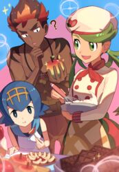  1boy 2girls :d :t ? abs apple apple_slice blue_eyes blue_hair blue_sailor_collar blurry blurry_foreground bowl bright_pupils buttons candy chef chocolate chocolate_bar closed_mouth commentary_request dark-skinned_male dark_skin eating food fruit green_eyes green_hair hairband hat highres holding holding_food holding_fruit holding_whisk jewelry kiawe_(pokemon) lana_(pokemon) mallow_(pokemon) multiple_girls natupath_summer navel necklace no_sclera official_alternate_costume open_mouth pokemon pokemon_masters_ex pokemon_sm sailor_collar shirt short_hair shorts sleeveless sleeveless_shirt smile sparkle swept_bangs topless_male twintails whipped_cream whisk white_pupils white_shirt yellow_hairband 