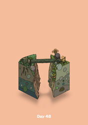  absurdres boulder bridge canyon commentary diorama fallen_tree flower gozz highres holding holding_rope isometric orange_background original plant_roots ravine rope tying 