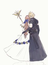  1boy absurdres aerith_gainsborough aerith_gainsborough_(prism_dress) ancotsubu arm_around_shoulder armor bare_shoulders blonde_hair blue_flower blue_ribbon blue_rose brown_hair cloud_strife cloud_strife_(murasame) couple detached_sleeves dress dress_flower facing_away female final_fantasy final_fantasy_vii final_fantasy_vii_ever_crisis final_fantasy_vii_remake flower full_body gold_trim hair_flower hair_ornament hair_ribbon highres holding holding_staff japanese_armor long_dress long_hair low_ponytail multiple_swords official_alternate_costume protected_link ribbon rose see-through see-through_sleeves shoulder_armor spiked_hair staff straight twitter_username wavy_hair white_dress 