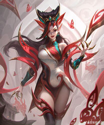  absurdres artist_name asymmetrical_bangs asymmetrical_hair black_hair breasts bug butterfly claw_(weapon) cowboy_shot dress earrings eyeshadow facial_mark female forehead_mark hair_ornament highres house indoors jewelry large_breasts league_of_legends long_hair looking_at_viewer makeup mythmaker_zyra official_alternate_costume official_alternate_hairstyle parted_lips pointy_ears purple_eyes rabbit red_butterfly red_eyeshadow sleeveless sleeveless_dress smile solo sydney_lily weapon zyra 