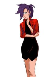  1_eye clothing comedy_central cosplay cyclops female futurama hair hi_res jacket lipstick makeup misato_katsuragi neon_genesis_evangelion not_furry purple_hair red_clothing red_jacket red_topwear simple_background solo topwear turanga_leela white_background 