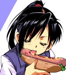  1boy black_hair blue_vest blush closed_eyes commentary hair_ornament high_ponytail hot_dog hot_dog_bun kamisimo_90 ketchup licking male_focus mustard open_mouth original otoko_no_ko panties ponytail ponytail_boy_(kamisimo_90) saliva sexually_suggestive shirt tongue tongue_out underwear vest white_shirt 