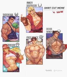  5boys abs bandaid bandaid_on_cheek bandaid_on_face bara bare_pectorals baseball_cap beckoning black_tank_top blonde_hair blush boxing_gloves clothes_lift commentary completely_nude covering_crotch covering_privates dark-skinned_male dark_skin dougi english_commentary english_text fatal_fury glowing glowing_eye grey_shirt hat head_tilt headband highres jacket ken_masters large_pectorals little_mac long_hair looking_at_viewer male_focus mature_male meme mishima_kazuya multiple_boys multiple_drawing_challenge muscular muscular_male navel nipple_slip nipples nude open_clothes open_jacket open_shirt pectoral_cleavage pectoral_squeeze pectorals punch-out!! robokeh ryu_(street_fighter) scar scar_on_chest shirt shirt_cut_meme shirt_lift short_hair sideburns sidepec stomach street_fighter street_fighter_ii_(series) super_smash_bros. sweat tank_top tekken tekken_7 terry_bogard the_king_of_fighters thick_thighs thighs underpec veins 