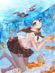  air_bubble animal bare_legs barefoot black_bow black_sailor_collar blue_eyes blue_hair blush bottle_miku bow breasts bubble closed_mouth commentary diving female fish goldfish hatsune_miku liby_(libtnvd) liquid_hair long_hair looking_at_viewer medium_breasts own_hands_together partially_underwater_shot revision sailor_collar school_uniform see-through serafuku shirt short_sleeves solo symbol-only_commentary twintails underwater very_long_hair vocaloid water wet wet_clothes wet_shirt white_shirt 