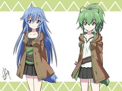  2girls anime_coloring arms_behind_back blue_eyes blue_hair bow breasts brown_robe chaya_mago collarbone duel_monster eria_(yu-gi-oh!) eria_the_water_charmer green_bow green_eyes green_hair green_ribbons hair_ribbon hooded_robe long_hair medium_breasts miniskirt multiple_girls ponytail ribbon robe signature skirt wynn_(yu-gi-oh!) wynn_the_wind_charmer yu-gi-oh! 