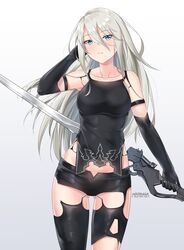  a2_(nier:automata) android armlet ass_visible_through_thighs black_gloves black_shorts black_tank_top black_thighhighs blue_eyes breasts closed_mouth collarbone commentary elbow_gloves english_commentary female gloves hair_between_eyes highres holding holding_sword holding_weapon joints long_hair mistraia mole mole_under_mouth nier:automata nier_(series) robot_joints shorts signature simple_background solo sword tank_top thighhighs type-4o_sword very_long_hair weapon 