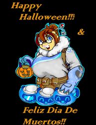  2017 accessory anthro big_breasts black_background blizzard_entertainment blue_eyes breasts brown_hair clothed clothing cosplay danellz day_of_the_dead digital_media_(artwork) english_text eyewear felid female food fruit glasses group hair hair_accessory hairpin halloween holiday_message holidays huge_breasts jack-o&#039;-lantern kathy_(danellz) lion mammal mei_(overwatch) mother_(lore) mother_and_child_(lore) open_mouth overwatch pantherine parent_(lore) parent_and_child_(lore) plant pumpkin simple_background snowball_(overwatch) spanish_text text 