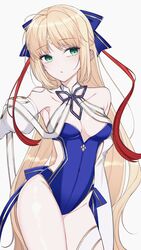  absurdres ahoge artoria_caster_(fate) artoria_caster_(swimsuit)_(fate) artoria_caster_(swimsuit)_(third_ascension)_(fate) artoria_pendragon_(fate) bare_shoulders blonde_hair blue_bow blue_one-piece_swimsuit blue_ribbon bow breasts casual_one-piece_swimsuit diamond_(shape) fate/grand_order fate_(series) female green_eyes hair_between_eyes hairbow highres long_hair long_sleeves mati5572 one-piece_swimsuit ornament red_hair ribbon small_breasts solo swimsuit twintails white_ribbon 