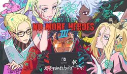  1boy 4girls bad_girl black_gloves black_hair blonde_hair copyright_name crown dark-skinned_female dark_skin freckles glasses gloves hair_ornament handheld_game_console jacket kimmy_howell mini_crown mixed-language_commentary multiple_girls nintendo_switch no_more_heroes no_more_heroes_3 official_art scar scarf second-party_source shimazaki_mari shinobu_jacobs skull_hair_ornament sunglasses sylvia_christel travis_touchdown white_hair 