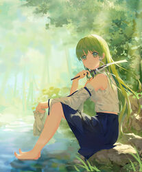  :| bare_shoulders barefoot blue_skirt closed_mouth commentary detached_sleeves dorsiflexion expressionless feet female forest from_side full_body gohei grass green_eyes green_hair hair_ornament hair_tubes highres holding holding_clothes holding_legwear jessicaxx knees_up kochiya_sanae leaf long_hair looking_at_viewer looking_to_the_side nature on_ground outdoors pond rock shirt single_sidelock sitting skirt snake snake_hair_ornament soaking_feet socks solo symbol-only_commentary toes touhou tree unworn_socks water white_shirt white_socks wide_sleeves 