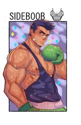  1boy alternate_pectoral_size bandaid bandaid_on_cheek bandaid_on_face bandaid_on_nose bara bare_pectorals bare_shoulders black_hair black_tank_top blush boxing_gloves commentary dark-skinned_male dark_skin english_commentary english_text green_eyes highres large_pectorals little_mac male_focus meme multiple_drawing_challenge muscular muscular_male nipples pectorals punch-out!! robokeh shirt_cut_meme short_hair sideburns sleeveless solo street_fighter street_fighter_ii_(series) super_smash_bros. sweat tank_top 