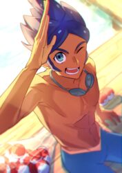  1boy ;d abs arm_up blue_hair blue_leggings blurry blurry_background collarbone commentary_request day goggles goggles_around_neck green_eyes highres leggings male_focus marlon_(pokemon) natupath_summer net one_eye_closed open_mouth outdoors pectorals poke_ball poke_ball_(basic) pokemon pokemon_bw2 short_hair sitting smile solo teeth tongue topless_male 