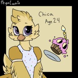  1:1 2022 anthro apron avian beak bird candle chica_(fnaf) chicken clothing cupcake_(fnaf) digital_media_(artwork) eyebrows female five_nights_at_freddy&#039;s food food_creature fur galliform gallus_(genus) lit_candle model_sheet orange_beak pegacousin phasianid plate purple_eyes scottgames solo yellow_body yellow_eyes yellow_fur 