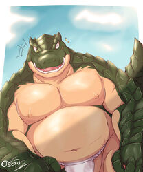  5:6 anthro asian_clothing barazoku belly blue_sky bon_donuts clothing cloud east_asian_clothing fundoshi green_body green_eyes green_scales hi_res japanese_clothing lizardman lizardman_(overlord) male musclegut muscular navel nipples one_eye_closed open_mouth open_smile overlord_(series) pecs reptile scales scalie sky smile solo teeth underwear white_clothing white_underwear wink 