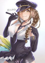  :q absurdres between_breasts black_bow black_gloves black_hat black_necktie bow braid breasts brown_eyes brown_hair cleavage collared_shirt commentary_request earrings elbow_gloves female gloves hair_over_shoulder hairbow hat heart heart_in_eye highres holding idolmaster idolmaster_shiny_colors jewelry kagin_(kagou_shita_nanika) kuwayama_chiyuki licking_lips long_hair loose_necktie necktie open_clothes open_shirt peaked_cap riding_crop shirt shorts shorts_under_skirt sidelocks simple_background single_braid sleeveless sleeveless_shirt smile solo standing symbol_in_eye tongue tongue_out twitter_username white_shirt 