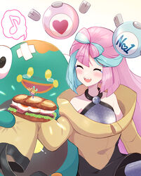  :d absurdres bellibolt blush breasts closed_eyes commentary_request eyelashes female food green_hair grey_pantyhose grey_shirt hand_up haru_(haruxxe) highres iono_(pokemon) jacket lettuce meat multicolored_hair musical_note open_mouth pantyhose pink_hair pokemon pokemon_(creature) pokemon_sv sandwich sharp_teeth shirt skewer sleeveless sleeveless_shirt sleeves_past_fingers sleeves_past_wrists smile spoken_musical_note teeth two-tone_hair upper_teeth_only white_background yellow_jacket 