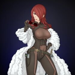  atlus breasts clothed clothing coat female fur_coat lipstick mitsuru_kirijo persona persona_3 pin-up pin_up red_eyes red_hair solo speedlinesteve tagme 