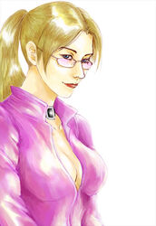  1girls 2d 2d_(artwork) artist_request blonde_hair blue_eyes bodysuit breasts catsuit choker cleavage female female_only hand_drawn handdrawn light_smile lips lipstick looking_aside looking_at_viewer looking_over_eyewear looking_over_glasses looking_over_sunglasses makeup nina_williams open_clothes pink-tinted_eyewear pink-tinted_glasses ponytail smile solo sunglasses tekken tekken_4 tinted_eyewear white_background 