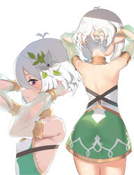  absurdres arms_behind_head arms_up bare_back bare_shoulders breasts commentary detached_sleeves dress elf female flower from_behind hair_flower hair_ornament hands_in_hair highres kokkoro_(princess_connect!) maza_kisuke multiple_views nape pointy_ears princess_connect! profile purple_eyes short_hair simple_background small_breasts sweat white_background white_hair 