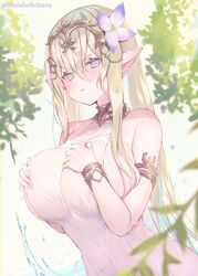  artist_name bare_shoulders blonde_hair blush breasts closed_mouth day diadem dutch_angle elf female flower grey_eyes hair_between_eyes hair_flower hair_ornament hands hands_on_own_breasts huge_breasts large_breasts leaf long_hair looking_at_viewer original outdoors pointy_ears pout see-through sideboob sidelocks sleeveless solo suzuho_hotaru tree twitter_username upper_body water wet wet_clothes 