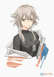  absurdres arknights bad_id bad_pixiv_id black_sweater character_name cropped_torso female grey_eyes grey_hair highres id_card looking_at_viewer mayer_(arknights) open_clothes parted_lips senkane short_hair_with_long_locks sidelocks simple_background solo sweater upper_body white_background 