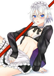  1boy apron arm_support artoria_pendragon_(fate) bad_id bad_pixiv_id bikini black_bow blush bow choker commentary_request cosplay cowboy_shot crossdressing fate/grand_order fate_(series) frilled_bikini frilled_choker frilled_skirt frills hair_between_eyes highres jacket leaning_back long_sleeves looking_at_viewer maid maid_apron maid_bikini maid_headdress male_focus medium_hair mzmz0424 navel open_clothes open_jacket otoko_no_ko prince_of_lan_ling_(fate) saber_alter saber_alter_(cosplay) sidelocks simple_background sitting skirt solo swimsuit thigh_strap toned toned_male unconventional_maid white_background white_hair 