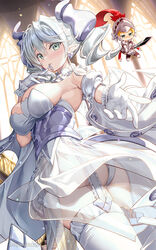  2girls armpits ass blonde_hair breasts demon_girl demon_horns demon_wings dress duel_monster earrings frills fujima_takuya gloves grey_eyes grey_hair horns jewelry knight_(yu-gi-oh!) large_breasts looking_at_viewer lovely_labrynth_of_the_silver_castle multiple_girls panties pointy_ears see-through thighhighs thighs twintails underwear weapon white_hair wings yu-gi-oh! 