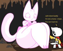  anthro blackmoonx cave dialogue domestic_cat duo english_text felid feline felis human humanoid kaiju male mammal medieval_armor medieval_clothing medieval_fantasy monster size_difference smaller_male tail text 