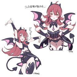  absurdres ahoge armpits arms_up artist_name ass black_panties black_thighhighs blush breasts bustier cleavage commentary cropped_legs demon_horns demon_tail demon_wings detached_collar detached_sleeves dot_nose female hair_flaps half-closed_eyes hands_on_own_hips highres horns idolmaster idolmaster_shiny_colors idolmaster_starlit_season komiya_kaho little_devil_swimsuit_(idolmaster) long_hair looking_at_viewer multiple_views panties parted_lips red_eyes red_hair sidelocks tail thighhighs thighs translation_request underwear white_background wings yutokamizu 