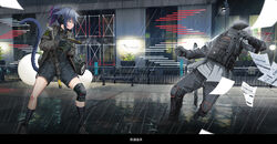  1other ar-15 arknights black_footwear black_gloves black_legwear black_shorts cat_tail commentary_request female from_side glock gloves grey_hair grey_jacket gun hamachi_hazuki handgun highres holding holding_gun holding_weapon jacket jessica_(arknights) kneehighs long_sleeves looking_at_another open_clothes open_jacket paper photoshop_(medium) profile rain reunion_soldier_(arknights) rifle shoes short_hair short_ponytail shorts socks standing tail translation_request weapon 