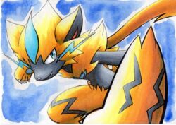  ambiguous_gender anthro better_version_at_source black_body black_fur blue_background blue_eyes fur generation_7_pokemon legendary_pokemon nintendo oka_mochi pokemon pokemon_(species) simple_background solo yellow_body yellow_fur zeraora 