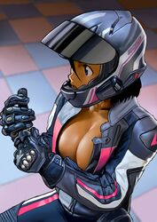  arung_samudra_(cessa) biker_clothes bikesuit black_bikesuit bodysuit breasts cessa cleavage dark-skinned_female dark_skin female helmet large_breasts motorcycle_helmet ombok_diving_and_delivery_services shadow solo tile_floor tiles upper_body 