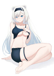  animal_ears arknights arm_support aurora_(arknights) bare_arms bare_shoulders barefoot bear_ears black_hairband black_shorts blue_eyes breasts camisole camisole_lift cleavage clothes_lift collarbone commentary crop_top female hairband highres large_breasts long_hair looking_at_viewer midriff navel shorts simple_background sitting solo spaghetti_strap stomach teagun thigh_strap thighs very_long_hair white_background white_hair 