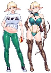  alternate_costume armor armwear arrow_(weapon) big_breasts blonde_hair blue_eyes bodily_fluids boots bottomwear bow_(weapon) bra breasts cleavage clothed clothing digital_media_(artwork) elbow_gloves elf elfuda_(plus-sized_elf) female food footwear fries frown glistening glistening_body glistening_bra glistening_clothing glistening_legwear glistening_skin glistening_underwear gloves hair hand_on_hip handwear holding_object holding_weapon humanoid humanoid_pointy_ears leather leather_armor legwear looking_at_viewer midriff multiple_images navel not_furry open_mouth pants plus-sized_elf quiver_(object) ranged_weapon shirt shoes simple_background skimpy slightly_chubby smile solo standing sweat synecdoche thigh_highs tight_clothing topwear unconvincing_armor underwear weapon white_background wide_hips 