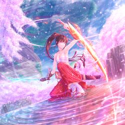  black_hair blue_eyes blunt_bangs breasts bushidou_(sekaiju) bushidou_2_(sekaiju) cherry_blossoms chest_sarashi cleavage dual_wielding female flaming_weapon glowing glowing_weapon hakama hakama_skirt heterochromia highres holding japanese_clothes kurokuma long_hair medium_breasts outdoors ponytail red_eyes red_hakama reverse_grip ripples samurai sandals sarashi scabbard sekaiju_no_meikyuu sekaiju_no_meikyuu_1 sheath sidelocks skirt socks solo tabi tree weapon white_socks 