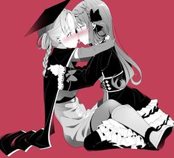  2girls bad_id bad_twitter_id blush braid cape detached_sleeves dress french_kiss frilled_dress frills hair_rings hat highres hiiragi_nemu hug inactive_account kissing long_hair magia_record:_mahou_shoujo_madoka_magica_gaiden magical_girl mahou_shoujo_madoka_magica mortarboard multiple_girls pantyhose partially_colored ribbon satomi_touka shiratama_mochi straddling yuri 