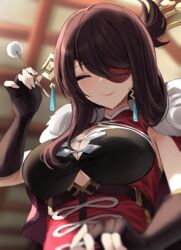  beidou_(genshin_impact) blurry blurry_background breasts brown_hair cleavage closed_eyes closed_mouth colored_eyepatch detached_sleeves ear_cleaning earrings eyepatch female fingerless_gloves genshin_impact gloves hair_ornament hair_stick hairpin highres jewelry lap_pov large_breasts long_hair looking_at_viewer mimikaki one_eye_covered shengtian smile solo 