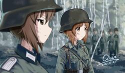  2girls alternate_costume ammunition_pouch army battle battlefield blurry brown_eyes brown_hair combat_helmet depth_of_field dirty dirty_clothes dirty_face epaulettes german_army girls_und_panzer helmet jerry_can load_bearing_equipment long_sleeves military military_uniform multiple_girls nishizumi_maho nishizumi_miho pouch profile qian short_hair siblings signature sisters soldier stahlhelm tree uniform war wehrmacht world_war_ii 