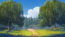  blue_sky cloud commentary_request dankalaning day dock forest grass highres lake landscape nature no_humans original outdoors plant reeds reflection reflective_water scenery shade sky sunlight swing tree 