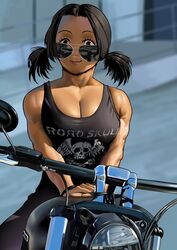  arung_samudra_(cessa) aviator_sunglasses biceps black_hair black_tank_top blurry blurry_background breasts cessa cleavage female large_breasts looking_at_viewer looking_over_eyewear motor_vehicle motorcycle muscular muscular_female ombok_diving_and_delivery_services print_tank_top shadow short_twintails smile solo sunglasses tank_top twintails upper_body 