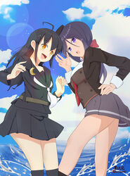  2girls absurdres ariake_(kancolle) beret black_hair black_headwear black_jacket black_serafuku black_socks blazer blue_sky cloud collared_shirt commentary_request crescent crescent_pin from_behind from_below grey_skirt hat highres jacket kantai_collection kneehighs long_hair long_sleeves looking_at_viewer low_ponytail mikazuki_(kancolle) multiple_girls nantenka necktie one-hour_drawing_challenge pleated_skirt purple_eyes purple_hair red_necktie school_uniform serafuku shirt skirt sky socks standing white_necktie white_shirt 