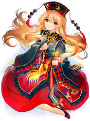  adapted_costume ainy artist_name black_shirt blonde_hair blush commentary_request embellished_costume female frilled_sleeves frills hair_between_eyes headdress highres junko_(touhou) long_hair long_sleeves looking_at_viewer parted_lips photoshop_(medium) red_eyes red_footwear red_skirt shirt shoes signature simple_background skirt solo tassel touhou white_background wide_sleeves 