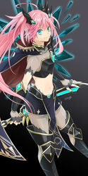  absurdres ahoge alternate_costume armored_boots black_footwear black_gloves black_skirt blue_eyes boots closed_mouth crop_top crystal female fingerless_gloves floating_hair gloves grey_pantyhose hair_between_eyes highres holding holding_sword holding_weapon long_hair midriff milim_nava miniskirt navel pantyhose pink_hair short_sleeves signature skirt smile solo stomach sword tensei_shitara_slime_datta_ken thigh_boots very_long_hair wata_miya_(shiro_momen) weapon 