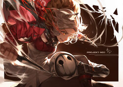  1other animal_ears arknights artist_name attack commentary dual_wielding female grey_hair grey_shirt highres holding holding_knife holding_weapon jacket knife mask photoshop_(medium) projekt_red_(arknights) red_jacket reunion_soldier_(arknights) shirt tollrin-senpai weapon wolf_ears yellow_eyes 